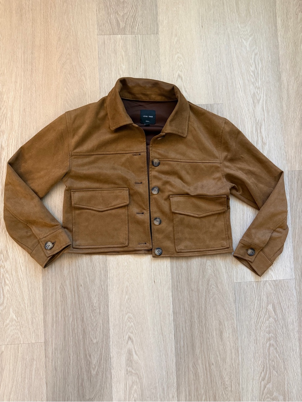 Love Tree Cropped Faux Suede Trucker Jacket Camel Tan Flap Pockets Womens S